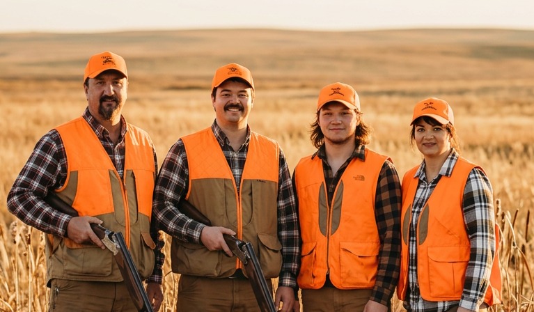 The Graves family in pheasant hunting gear out in the South Dakota fields