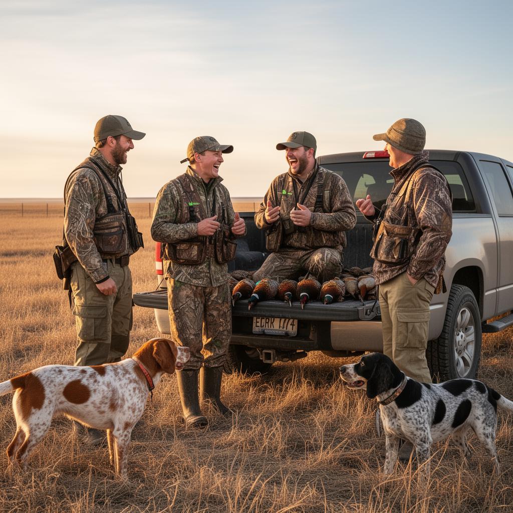 Group of hunters sharing stories around a pickup truck after a successful South Dakota pheasant hunt
