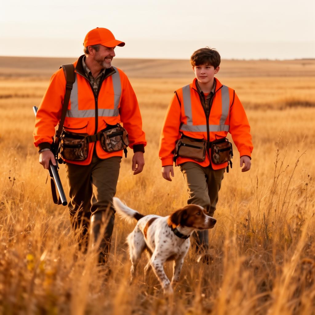 Father and son pheasant hunting together on the South Dakota prairie with their bird dog