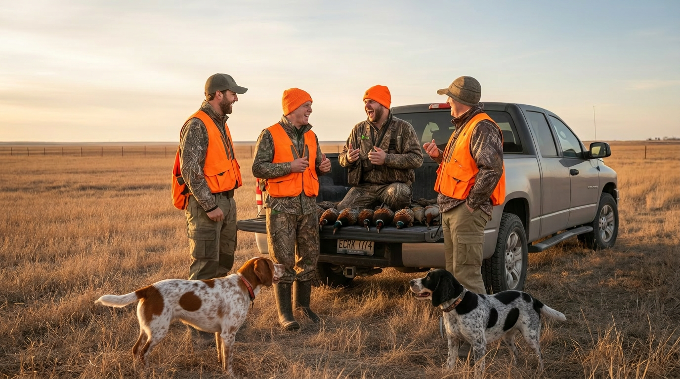 Group of hunters gathered around a pickup truck after a successful pheasant hunt near Pukwana, South Dakota