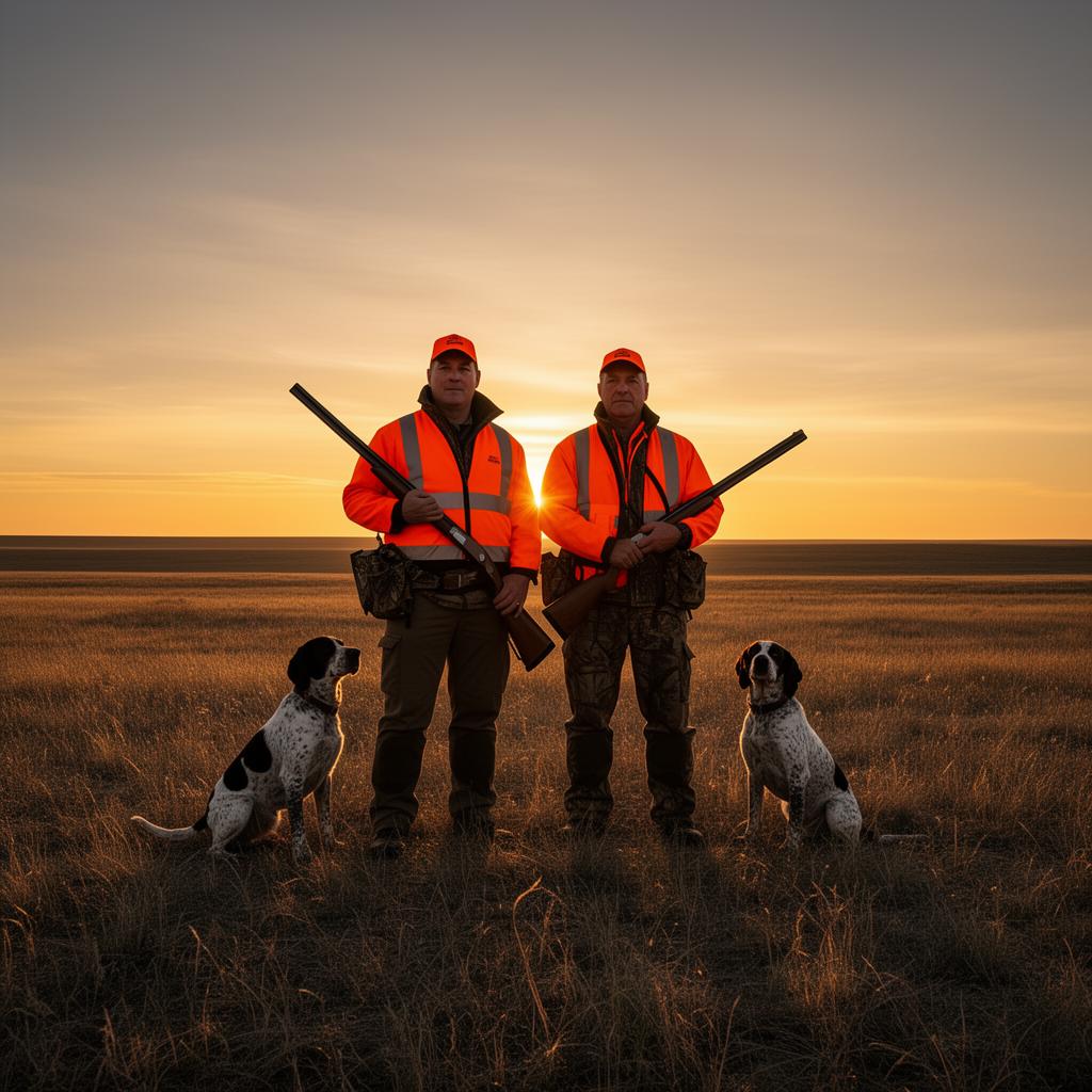 Hunters and their dogs at sunset on the South Dakota prairie after a great hunt